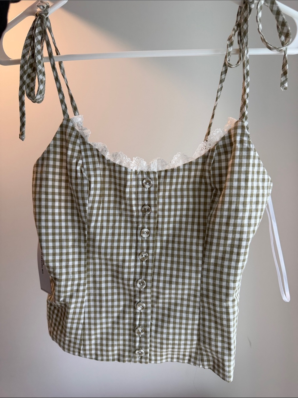 Princess Polly Green Gingham Lace-Trim Tie Strap Tank Top - Picture 3 of 4